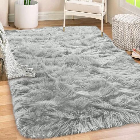 Gorilla Grip Fluffy Faux Fur Rug, 4x6, Machine Washable Soft Furry Area Rugs, Rubber Backing, Plush Floor Carpets for Baby Nursery, Bedroom, Living Room Shag Carpet, Luxury Home Decor, Light Gray in Saudi Arabia