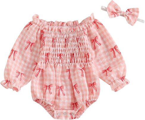 Infant Baby Girl Bubble Romper Boho Clothes Long Sleeve Cotton Smocked Jumpsuit Outfit with Headband in Saudi Arabia