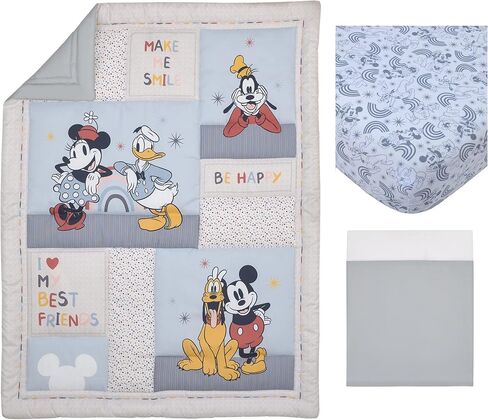 Disney Mickey and Friends Grey, Blue, Gold and Red Mickey Mouse, Minnie Mouse, Donald Duck, Pluto and Goofy 3 Piece Nursery Crib Bedding Set - Comforter, Fitted Crib Sheet and Crib Skirt in Saudi Arabia