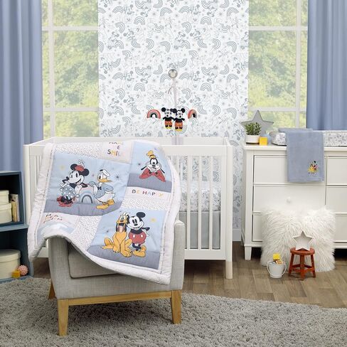 Disney Mickey and Friends Grey, Blue, Gold and Red Mickey Mouse, Minnie Mouse, Donald Duck, Pluto and Goofy 3 Piece Nursery Crib Bedding Set - Comforter, Fitted Crib Sheet and Crib Skirt in Saudi Arabia