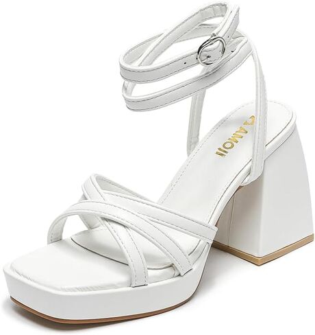 صنادل نسائية من Amoji بكعب سميك وكعب سميك صنادل أنيقة بكعب سميك وكعب سميك وحفلات الزفاف 305 مقاس أبيض 7.5 للسيدات in Kuwait