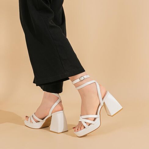 صنادل نسائية من Amoji بكعب سميك وكعب سميك صنادل أنيقة بكعب سميك وكعب سميك وحفلات الزفاف 305 مقاس أبيض 7.5 للسيدات in Kuwait