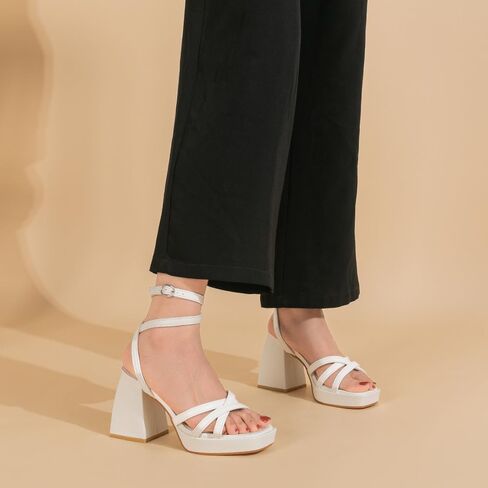 صنادل نسائية من Amoji بكعب سميك وكعب سميك صنادل أنيقة بكعب سميك وكعب سميك وحفلات الزفاف 305 مقاس أبيض 7.5 للسيدات in Kuwait