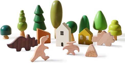 16 Pcs Wooden Stacking Blocks for Toddlers, Wooden Montessori House & Dinosaur Toys, Various Sizes Learning Educational Mini Trees, Forest Tree Ornaments Toys Set for Craft & Home Decor Accessories in Saudi Arabia