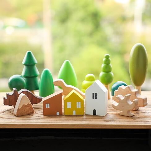 16 Pcs Wooden Stacking Blocks for Toddlers, Wooden Montessori House & Dinosaur Toys, Various Sizes Learning Educational Mini Trees, Forest Tree Ornaments Toys Set for Craft & Home Decor Accessories in Saudi Arabia