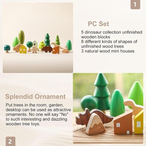 16 Pcs Wooden Stacking Blocks for Toddlers, Wooden Montessori House & Dinosaur Toys, Various Sizes Learning Educational Mini Trees, Forest Tree Ornaments Toys Set for Craft & Home Decor Accessories in Saudi Arabia