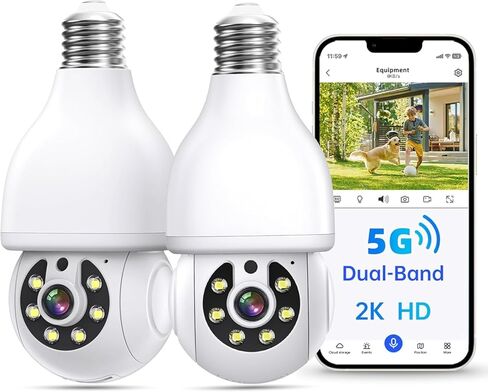 كاميرا مراقبة بمصباح كهربائي 2 حزمة، 2K 5G/2.4 جيجا هرتز واي فاي كاميرات مراقبة لاسلكية في الهواء الطلق EseeCloud، حارس مشرق 360 مقبس ضوء كام مستشعر حركة لون رؤية ليلية صوت ثنائي الاتجاه in Kuwait