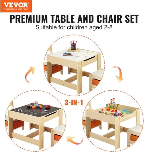 VEVOR Kids Table and Chair Set, 3 in 1 Wooden Kids Table with Storage Drawer, Toddler Activity Play Table with Detachable Tabletop, Kids Table for Children Art, Craft, Eating, Reading, Learning in Saudi Arabia