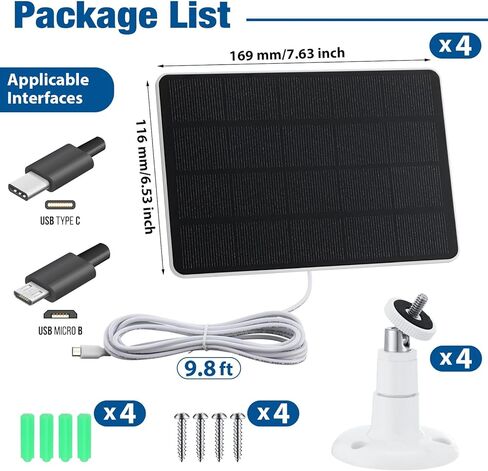 4 قطع من الألواح الشمسية لكاميرا الأمن لشحن الألواح الشمسية للكاميرا اللاسلكية، لوحة شمسية قابلة للتعديل للتركيب IP67 مقاومة للماء متوافقة مع كاميرا DC 5 فولت USB أو منفذ USB-C (أبيض، 3 واط) in Kuwait