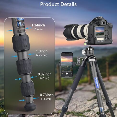 حامل ثلاثي القوائم خفيف الوزن من ألياف الكربون، حامل ثلاثي القوائم للسفر من ARTCISE حامل ثلاثي القوائم للكاميرا شديدة التحمل، حامل ثلاثي القوائم احترافي للسفر، حامل أحادي القوائم لكاميرا DSLR، كاميرا فيديو، أقصى تحميل 44 رطل (بدون رأس كروي) in Kuwait