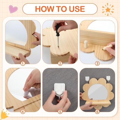 1 Set Wooden and Acrylic Wall Mirror for Toddlers, Entryway Mirror with Hooks and Shelf Organizer, Kids Safety Unbreakable Self Care Station for Classroom Bathroom, Flower Style in Saudi Arabia