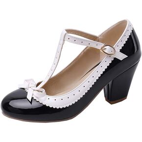 Womens Rockabilly Shoes T-Strap Mary Jane Block High Heel Closed Toe Pumps