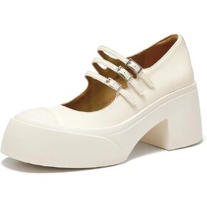 BEAU TODAY Women's Platform Mary Jane Pumps, Genuine Leather Chunky Block Mary Jane Shoes Women Heels, Closed Round Toe Dress Pumps Shoes with Buckle Strap for Office Party Casual Weeding