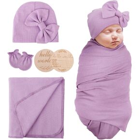 Newborn Receiving Blanket Baby Girl Swaddles Wraps with Bow Hat Mittens Wooden Card for Newborns Toddler Gift Baby Essentials