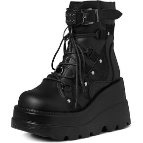 Meefit Women Goth platform Boots Wedge High Heel Lace Up Ankle Boots Round Toe Combat Booties Motorcycle Boot