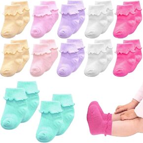 12 Pairs Baby Toddle Socks Ruffle Socks Preemie Newborn Socks Little Girls Boys Turn Cuff Cotton Socks for Kids 0M-6T