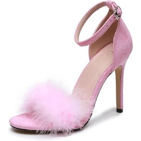 4.15 Inches Women's Ankle Strap Fluffy Feather Ankle Strap Stiletto Heels Sandals Open Toe Party Evening High Heel Pump Shoes