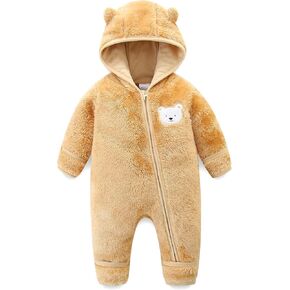 Newborn Baby Fleece Jumpsuit Unisex Infant Bear Hooded Onesie with Mitten Cuffs Winter Warm Snowsuit Outfit