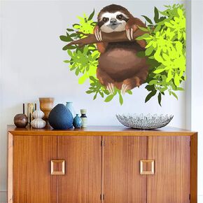 Cute Sloth Hanging on Branch with Green Leaves Wall Decal Nursery Animal Wall Sticker Removable Peel and Stick Wall Art Decor Stickers for Kids Baby Classroom Living Room Playing Room Bedroom