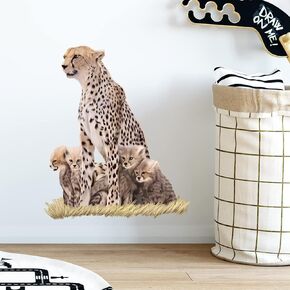 Wild Cheetah and Its Cubs Wall Decal Nursery Animal Wall Sticker Removable Peel and Stick Waterproof Wall Art Decor for Kids Baby Classroom Preschool Living Room Playing Room Bedroom School