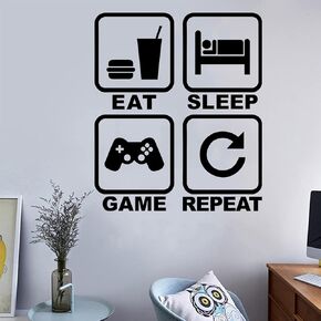 Eat Sleep Game Repeat Wall Decal, Gamer Wall Stickers Murals, Removable Vinyl Cute Controller Art Design Gamers World Wall Decor for Teen Kids Boys Playroom Bedroom Home Decoration Wallpaper
