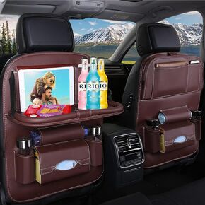 Car Back Seat Organizer with Foldable Table Tray, PU Leather Backseat Organizer for Kids Toddlers Travel, Car Kick Mats Seat Back Protector Storage Pocket with Touch Screen Tablet Holder