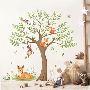 Cartoon Animal Tree Wall Decals for Kids, Woodland Animals Deer Monkey Fox Rabbit Peel and Stick Wall Art Stickers for Baby Nursery Bedroom Living Room Playroom Wall Decor