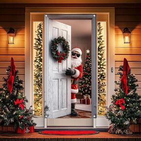 Joy Santa Claus Christmas Door Cover for Front Door, Christmas Tree Funny Santa Photography Background Winter Merry Christmas Door Banner Backdrop Xmas Santa Door Decor 71 X 35 Inch in Saudi Arabia