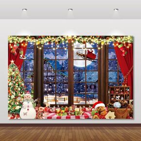 Christmas Backdrop 20x10ft Window Xmas Tree Background Winter Snow Snowflake Santa Claus Moon Night Snowman Photography Backdrops Christmas Festival Party Banner Decorations Photo Booth Props