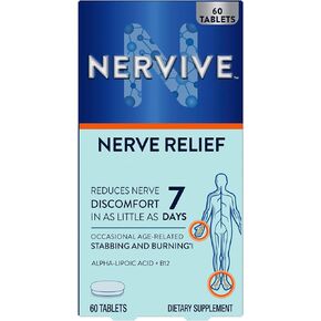 Nervive Nerve Relief, with Alpha Lipoic Acid, to Help Reduce Nerve Aches, Weakness, & Discomfort in Fingers, Hands, Toes, & Feet*, ALA, Vitamins B12, B6, & B1, Turmeric, Ginger, 60 Daily Tablets