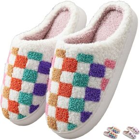 House Slippers for Women Men Checkerboard Winter Indoor Warm Slippers Slides Couple Plush Home Slippers Flower Checkered Slippers Fuzzy Bedroom Slippers Shoes Comfy Slip On Slippers