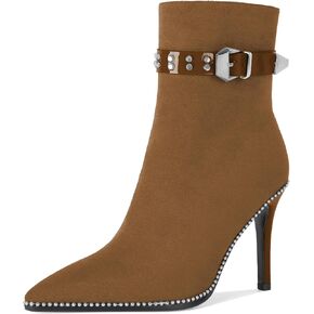 Women Stiletto High Heel Beaded Ankle Boots Pointed Toe Side Zipper Buckle Matte Leather Dress Booties 3.5 Inch