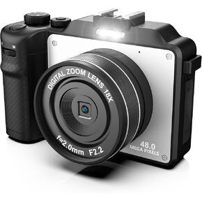 Digital Camera for Photography, 4K Vlog Camera, Dual Cam Front and Rear, Autofocus & Anti-Shake, 7 Color Filters, 3'' IPS Screen, 140°Wide Angle, 18X Zoom, 64G TF Card & Hand Strap, Silver-Gray