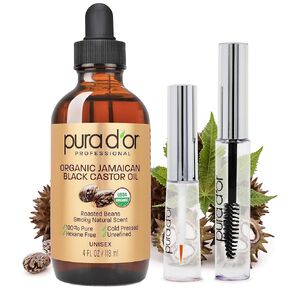 PURA D'OR 4 Oz Organic Jamaican Black Castor Oil - Natural Smoky Scent - USDA Certified, Pure, Cold Pressed & Roasted, Hexane Free Eyelash Growth Serum - 2 Empty Bonus Applicators