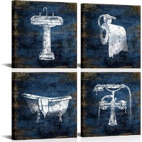 KLVOS Blue Bathroom Decor Wall Art Framed Canvas Print Pictures 4 Pieces Abstract Pictures Modern Navy Framed Wall Decor Artwork for Walls Hang for Bedroom Wall Decoration 12x12Inchx4 pcs