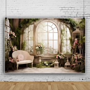 Leowefowa 10x8ft Vinyl French Window Backdrop Living Room Sofa Green Leave Flower Background Fairy Backdrop Baby Shower Princess Birthday Party Decor Banner Photo Booth Props