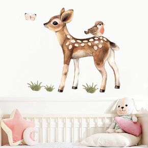 Cute Fawn and Bird Butterfly Deer Wall Stickers, sacinora Cartoon Jungle Animals Wall Decals Removable Vinyl Peel and Stick for Kids Baby Nursery Living Room Bedroom Children's Room Art Decorations