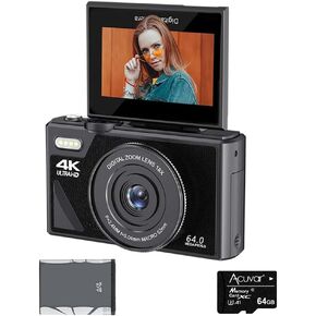 Acuvar 4K 64MP Digital Camera for Photography, Vlogging Camera for YouTube with 3.0’’ 180° Flip Screen, 18X Digital Zoom (Starter Kit, Black)