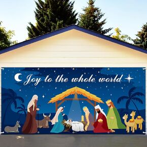 6 x 13 FT Christmas Garage Door Cover Backdrop Decorations - Joy to The Whole World Holy Night Nativity Scene Jesus' Birth Design Hanging Banner Background for Outdoor House Patio Party Supplies