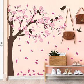 Giant Brown Tree Wall Decals Pink Peach Blossom Flowers Wall Stickers DIY Removable Cherry Floral Birds Tree Branches Wall Art Decor for Kids Teens Bedroom Living Room Nursery Decoration DT-2267