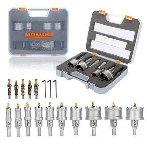 10Pcs (16-53mm) TCT Carbide Hole Saw Kit for Hard Metal, 10Pcs Hole Cutters with 5Pcs Extra Pilot Drill bits and 3Pcs Hex Keys for Stainless Steel, Iron,Aluminum,Alloy,Metal.