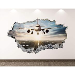 Landing Airplane Wall Decal Art Decor 3D Smashed Airport Plane Sticker Poster Kids Room Mural Custom Gift BL195 (22"W x 14"H)