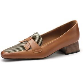 TinaCus Women's Round Toe Genuine Leather & Stripe Fabric Handmade Bowknot Low Chunky Heels Loafers Shoes