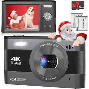 Digital Camera, FHD 4K Kids Camera 48MP Point and Shoot Digital Cameras with 32GB Card, 18X Zoom, Two Batteries, Lanyard, Compact Small Camera for Kids Boys Girls (Black)
