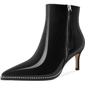Ankle Boots Low Heel Boots Women Pointey Toe Stiletto Heel Booties 2.5" Side Zipper Short Beaded Boots Shoes Patent Leather Black US Size 8