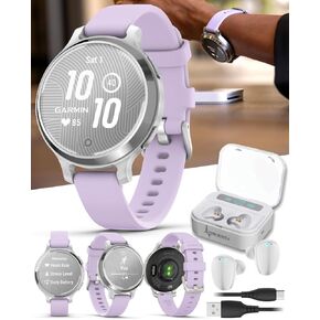 Wearable4U Garmin Lily 2 Active, Silver with Purple Jasmine Silicone Band, Small and Stylish Smartwatch, Built-in GPS, Hidden Display, Patterned Lens, Up to 9 Days Battery Life Power Bank Bundle