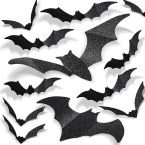 DIYASY Large Bats Wall Décor, 3D Glitter Hanging Bat Halloween Decoration Plastic Stickers for Home Party Room Decorations Waterproof Black Spooky Bats 4 Size 56 Pack