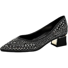 Women's Pointed Toe Block Heels Pumps,Chunky Low Heels Closed Toe Comfort Slip On Work Heels Sequins Dress Shoes Wide Feet Big Size