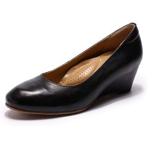Mona flying Women's Leather Closed Toe 2 Inch Mid Wedges Heels with Arch Support Round Toe Comfortable Dress Pumps for Women Ladies