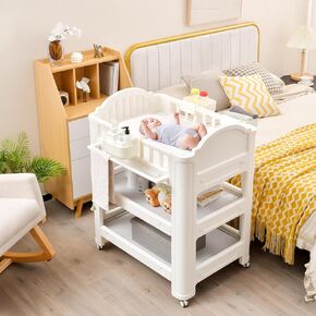 INFANS Baby Changing Table, Diaper Dresser Station with Latex Pad and Pillow, 3 Hanging Boxes, 2 Storage Racks, Lockable Wheels, Mobile Nursery Organizer for Newborn Infant (with Boxes)